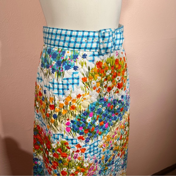 Vintage Dresses & Skirts - Vintage 1960 70 Cottagecore Floral Blue Gingham Quilted feminine Maxi Skirt